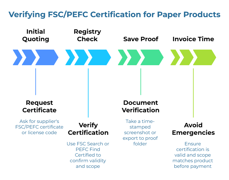“Verifying FSC/PEFC Certification for Paper Products.” Arrow timeline with four steps: request supplier’s FSC/PEFC certificate or license code; verify validity and scope via FSC Search or PEFC Find Certified; save a time-stamped proof; confirm scope matches the product before payment.