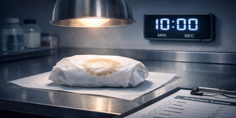 Wrapped sandwich under a heat lamp showing a spreading grease stain halo and a digital 10:00 timer on a stainless test bench.