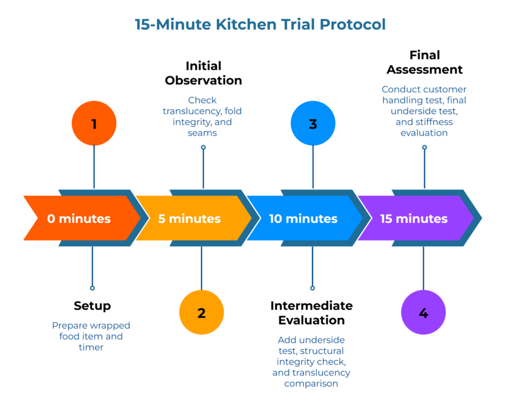 “15-Minute Kitchen Trial Protocol” showing a horizontal timeline with arrows at 0, 5, 10 and 15 minutes. Under each marker: Setup (prepare wrapped food and timer), Initial Observation, Intermediate Evaluation, and Final Assessment of wrapper performance.