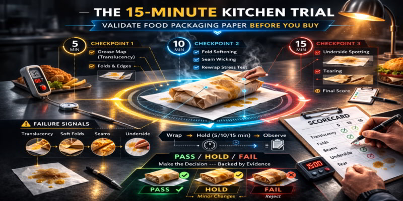 Stylized infographic of a 15-minute kitchen trial showing a wrapped greasy sandwich, 5/10/15-minute checkpoints, and pass/hold/fail scorecard.