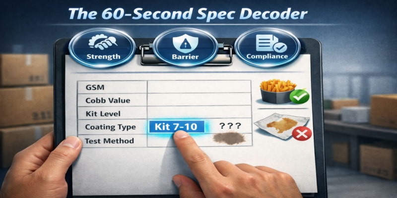 Stylized clipboard TDS: hand points to "Kit 7–10"; fries show green check, greasy-stained paper shows red X.
