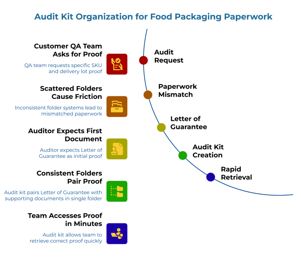 “Audit Kit Organization for Food Packaging Paperwork” showing left-side steps from QA team proof request, scattered folders, and auditor expectations to consistent folders and quick team access, mapped to a right-side arc from audit request to rapid document retrieval.