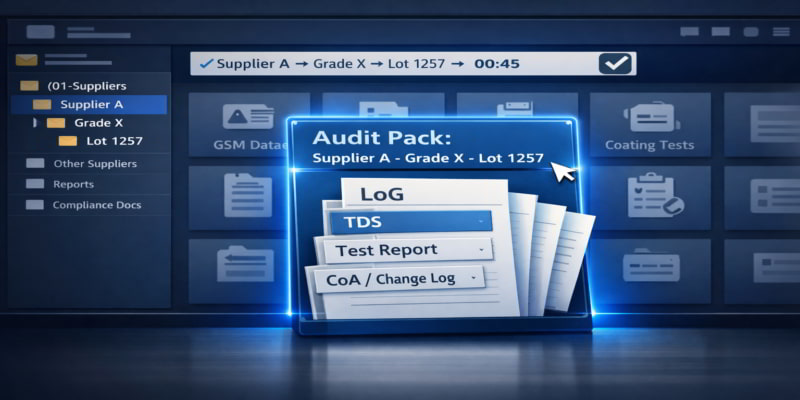 Stylized dashboard showing an Audit Pack tile with LoG, TDS, Test Report and CoA for Supplier A, indicating rapid retrieval.
