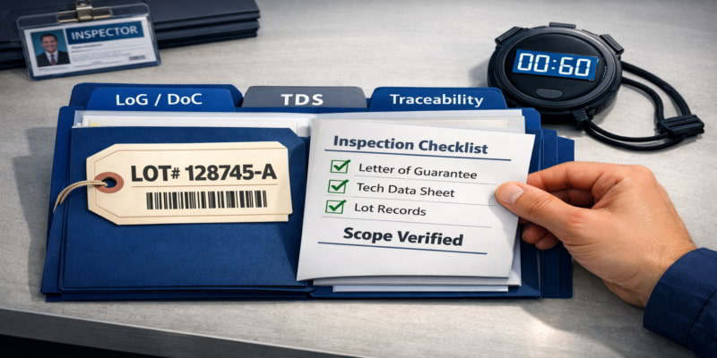 Stylized audit-ready evidence pack — open blue folder with “LoG / DoC”, “TDS”, “Traceability” tabs, lot tag and checked inspection checklist.