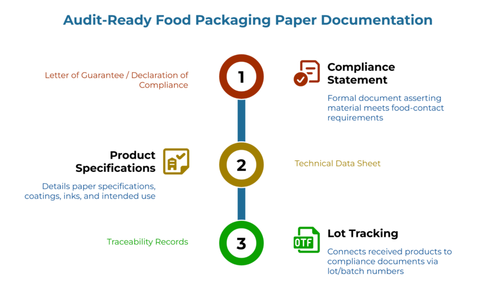 “Audit-Ready Food Packaging Paper Documentation.” Vertical three-step path: 1) Compliance Statement—Letter of Guarantee/Declaration that paper meets food-contact rules; 2) Product Specifications—technical data sheet detailing paper and coatings; 3) Lot Tracking—traceability records linking lots to documents.