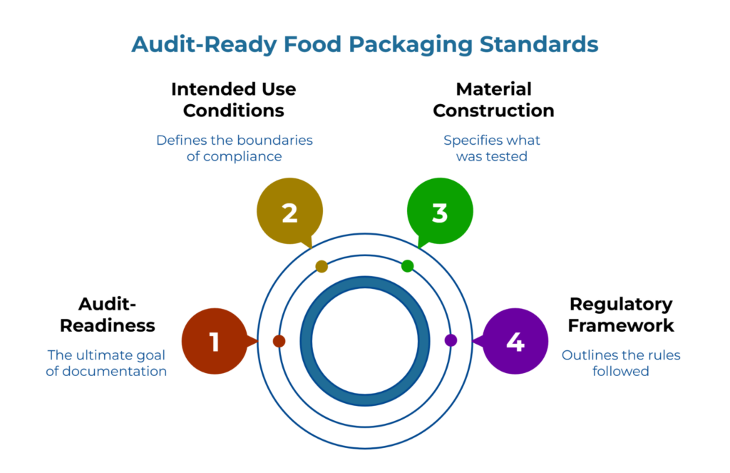 “Audit-Ready Food Packaging Standards.” Concentric circles with four labeled points: 1 Audit-Readiness—the goal of documentation; 2 Intended Use Conditions—define compliance boundaries; 3 Material Construction—specifies what was tested; 4 Regulatory Framework—rules followed.