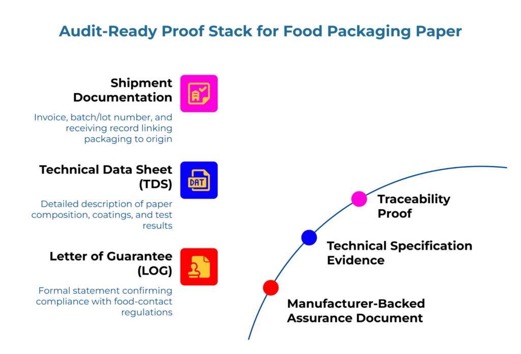 “Audit-Ready Proof Stack for Food Packaging Paper.” Left column lists shipment documentation, technical data sheet (TDS), and letter of guarantee (LOG) with brief explanations. Right arc links these to manufacturer-backed assurance, technical specification evidence, and traceability proof.