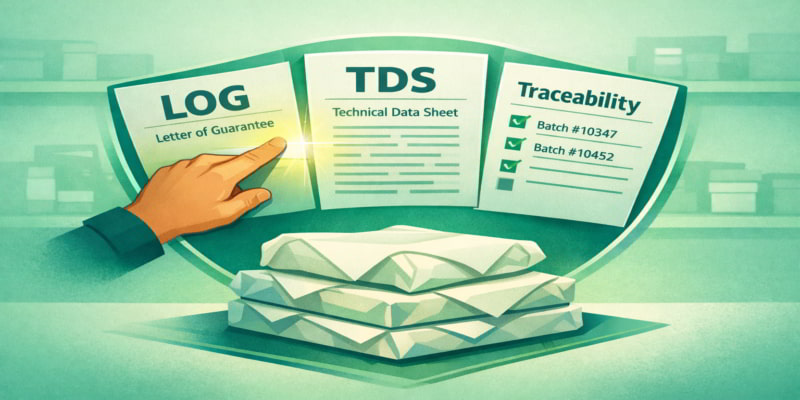 Three documents—LOG, TDS, Traceability—form a shield over folded food wrappers; the LOG glows to indicate audit-ready proof.