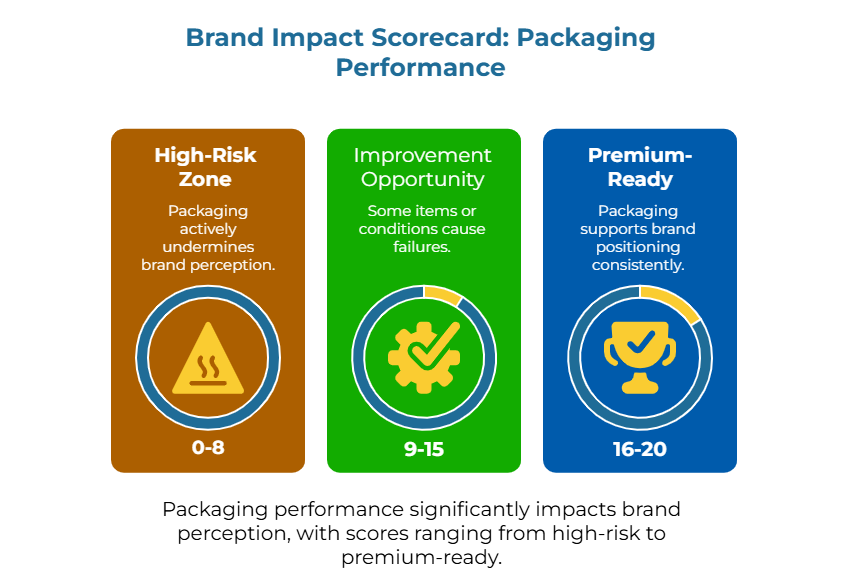 “Brand Impact Scorecard: Packaging Performance.” Three panels rate packaging: High-Risk Zone (0–8) where packaging undermines brand; Improvement Opportunity (9–15) with some failures; Premium-Ready (16–20) where packaging consistently supports brand.