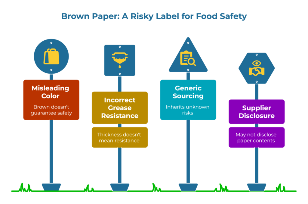 “Brown Paper: A Risky Label for Food Safety” showing four signpost-style panels: misleading color, incorrect grease resistance, generic sourcing, and weak supplier disclosure, warning that brown thickness or generic paper doesn’t guarantee safe, grease-resistant packaging.