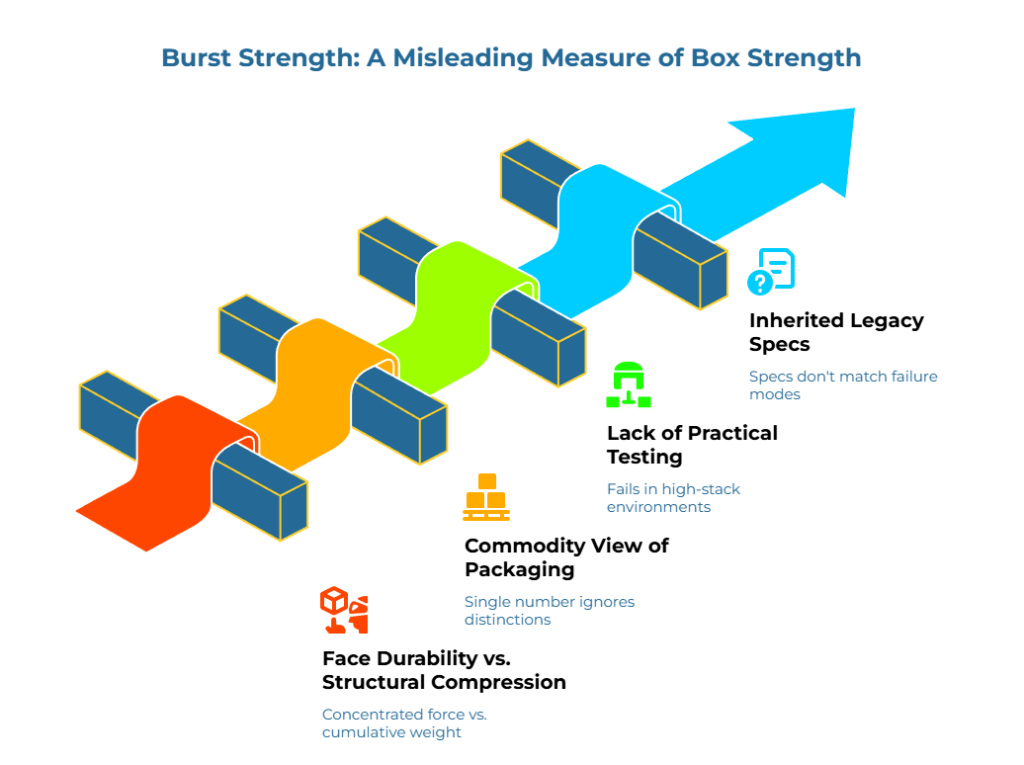 “Burst Strength: A Misleading Measure of Box Strength.” A ribbon moves through blue blocks from red→orange→green→cyan, ending as an upward arrow. Callouts explain flaws: concentrated force vs cumulative weight, single-number metric hides differences, fails in high-stacking, specs don’t match failure modes.