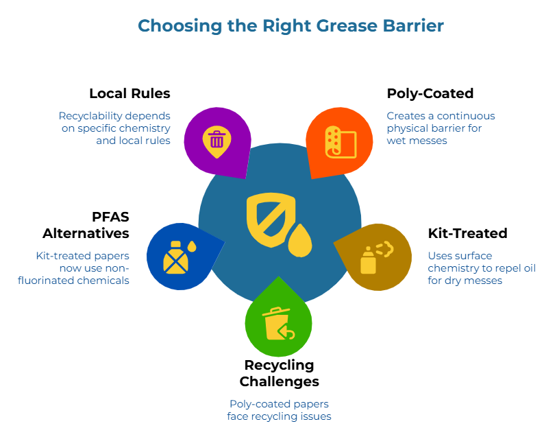 “Choosing the Right Grease Barrier.” Center shield and oil drop icon surrounded by points: physical barrier for wet messes, surface chemistry for dry messes, kit-treated papers now non-fluorinated, recyclability depends on chemistry and local rules, poly-coated papers face recycling limits.