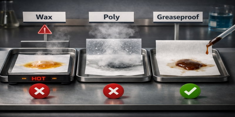 Lab test of coatings: wax melting, poly trapping steam, greaseproof resisting sauce.