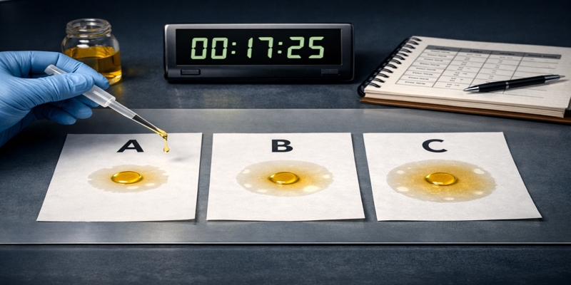 Three labeled paper samples on a test bench with pipette drops forming grease halos; digital timer and notebook visible.