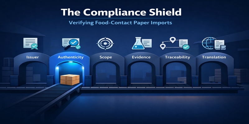 Package on a conveyor passing six compliance gates labeled Issuer, Authenticity, Scope, Evidence, Traceability, Translation.