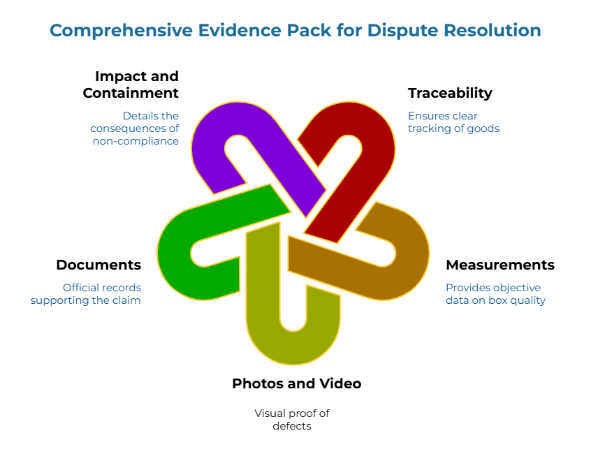 “Comprehensive Evidence Pack for Dispute Resolution.” Center shows a five-loop interlocking ribbon. Four callouts define the evidence set: consequences of non-compliance, clear tracking/traceability of goods, objective box-quality test data, and official records supporting the claim.