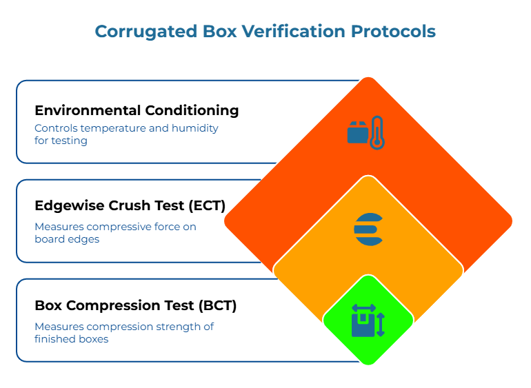 “Corrugated Box Verification Protocols.” Three layered diamond icons represent key checks: control temperature and humidity during testing; measure compressive force on board edges (ECT); and measure compression strength of finished boxes (box compression). Left-side callouts describe each protocol.