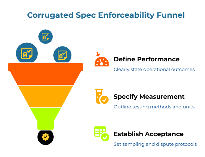 “Corrugated Spec Enforceability Funnel.” A three-tier funnel collects specification cards and outputs a verified gear badge. Right-side callouts: clearly state operational outcomes; outline testing methods and units; set sampling and dispute protocols to make specs auditable and enforceable.