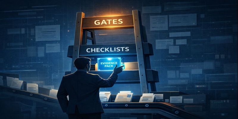 Procurement manager inserting a standardized evidence pack into a Decision Ladder (defaults → checklists → gates).