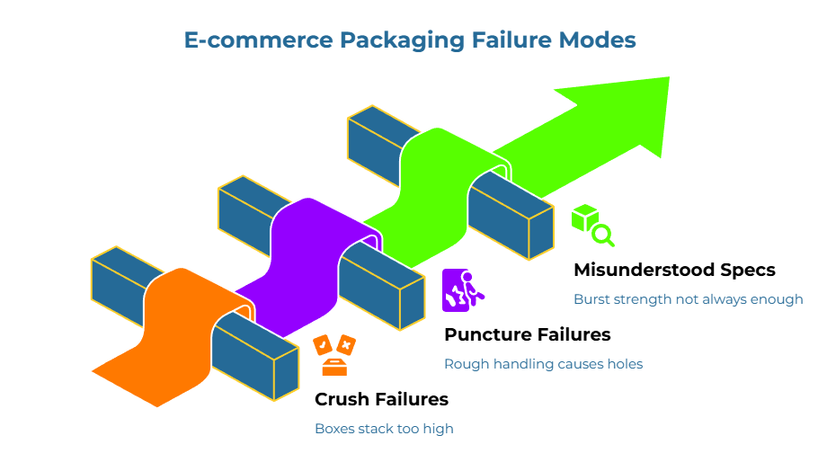 “E-commerce Packaging Failure Modes” showing a stepped load-path graphic ending in an upward arrow. Labels highlight three common issues: boxes stacked too high, rough handling that causes holes/punctures, and cases where burst strength is not always enough for real e-commerce stresses.