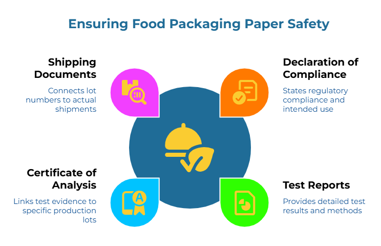 “Ensuring Food Packaging Paper Safety” showing a central food icon with four surrounding pillars: connects lot numbers to actual shipments, states regulatory compliance and intended use, provides detailed test results and methods, and links test evidence to specific production lots.
