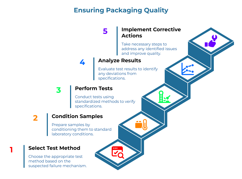 “Ensuring Packaging Quality.” A 3D staircase of five steps with icons shows the QA sequence: 1) choose the appropriate test method for the suspected failure; 2) condition samples to standard lab settings; 3) run standardized tests; 4) analyze results for deviations; 5) take corrective actions.