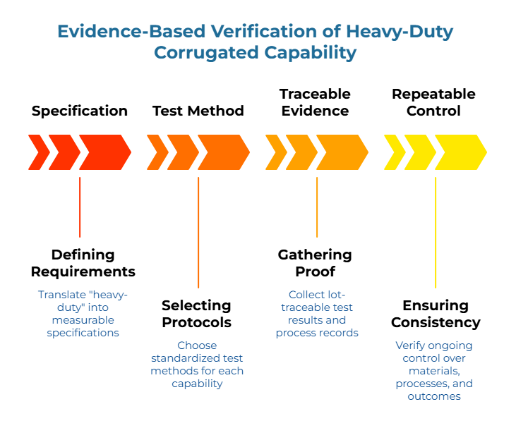 “Evidence-Based Verification of Heavy-Duty Corrugated Capability.” Right-moving chevrons show four steps: translate “heavy-duty” into measurable specs; choose standardized test methods; collect lot-traceable test results and process records; verify ongoing control of materials, processes, and outcomes.