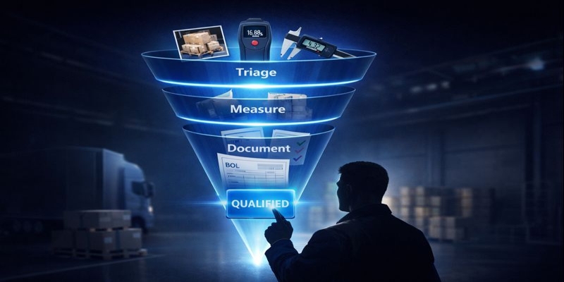 Stylized evidence funnel (Triage → Measure → Document) over a warehouse dock; silhouetted inspector taps glowing “QUALIFIED” tile.