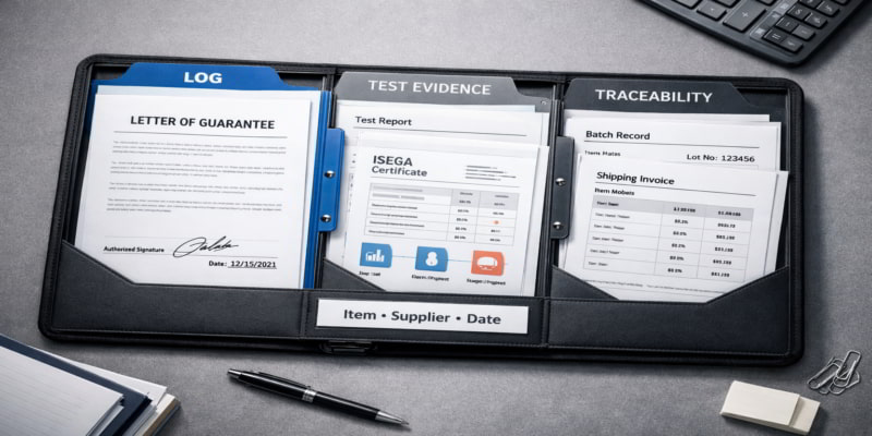 Open compliance binder with tabbed sections labeled LOG, Test Evidence, and Traceability; signature and date visible.