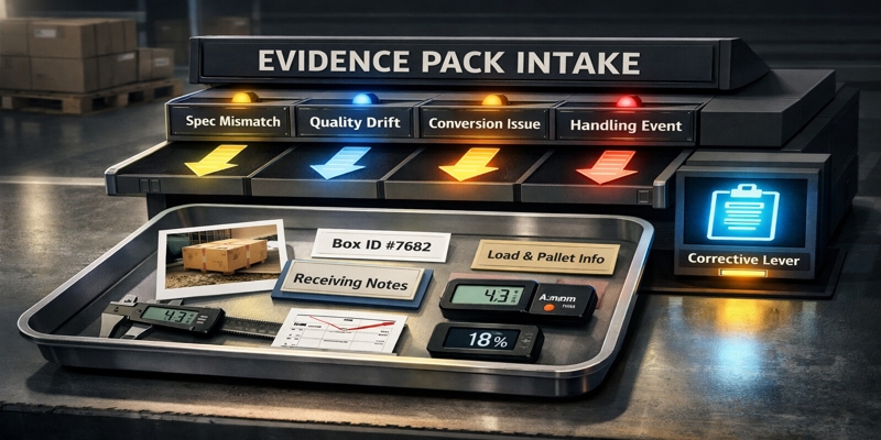 Illustration of an evidence intake tray sorting corrugated box damage documentation into four cause lanes for action.