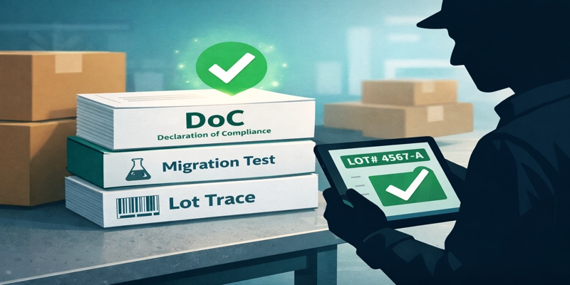 Warehouse illustration: stack of documents (DoC, Migration Test, Lot Trace) with clerk checking LOT 4567-A on tablet.