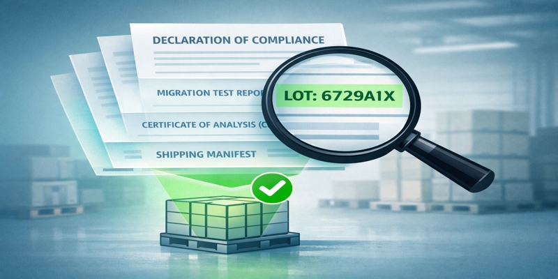 Stacked DoC, migration test, and CoA under a magnifier highlighting LOT 6729A1X matched to a pallet with green check.