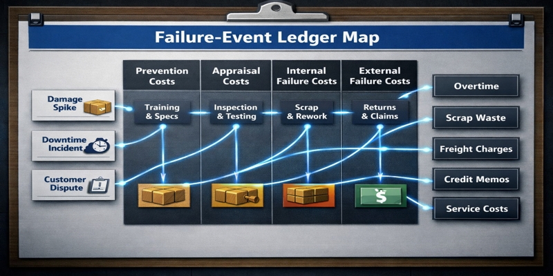 Failure-event ledger map linking packaging incidents to COQ buckets (prevention, appraisal, internal/external failure) and P&L costs.