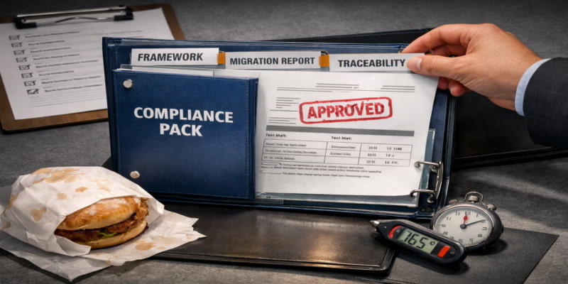 Compliance pack binder with tabs for Framework, Migration Report and Traceability beside burger, timer and thermometer.