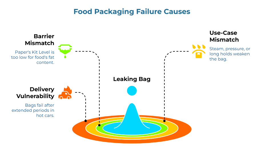 “Food Packaging Failure Causes.” A central splash graphic represents a bag breaking. Callouts show three main causes: Kit level too low for food’s fat content; bags failing after long periods in hot cars; and steam, pressure, or long hold times weakening the bag.