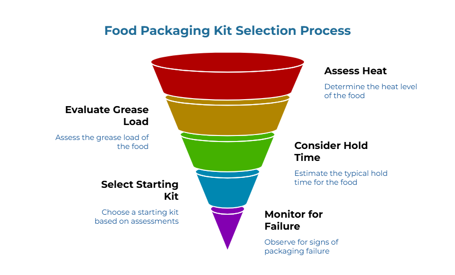 “Food Packaging Kit Selection Process.” A five-layer colored funnel shows steps: determine food heat level, assess grease load, estimate typical hold time, choose a starting Kit level from these assessments, then observe the packaging for any signs of failure.
