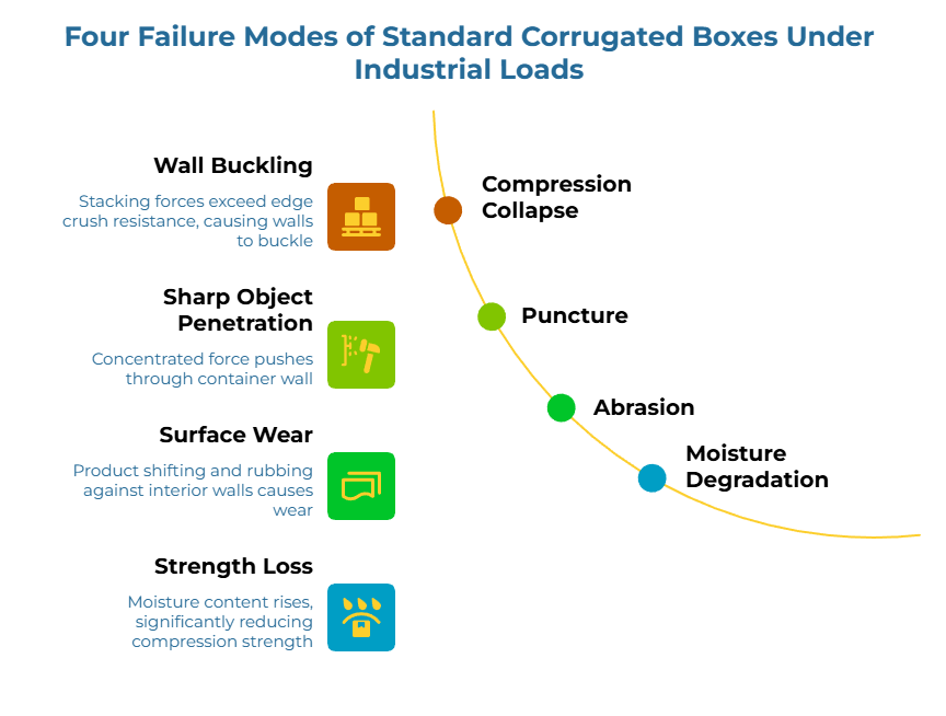 “Four Failure Modes of Standard Corrugated Boxes Under Industrial Loads.” A descending curve with colored points maps four risks: 1) stacking forces exceed edge-crush, walls buckle; 2) concentrated force punctures wall; 3) shifting product abrades interior; 4) moisture rise reduces compression strength.