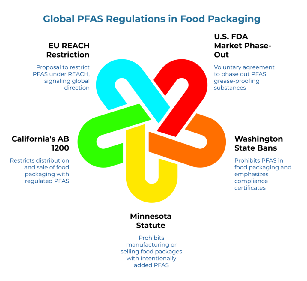 “Global PFAS Regulations in Food Packaging” showing a multicolored interlocking knot surrounded by five callouts: EU REACH restriction proposal, U.S. FDA market phase-out, California AB 1200 limits, Washington State PFAS bans, and Minnesota statute on intentionally added PFAS.