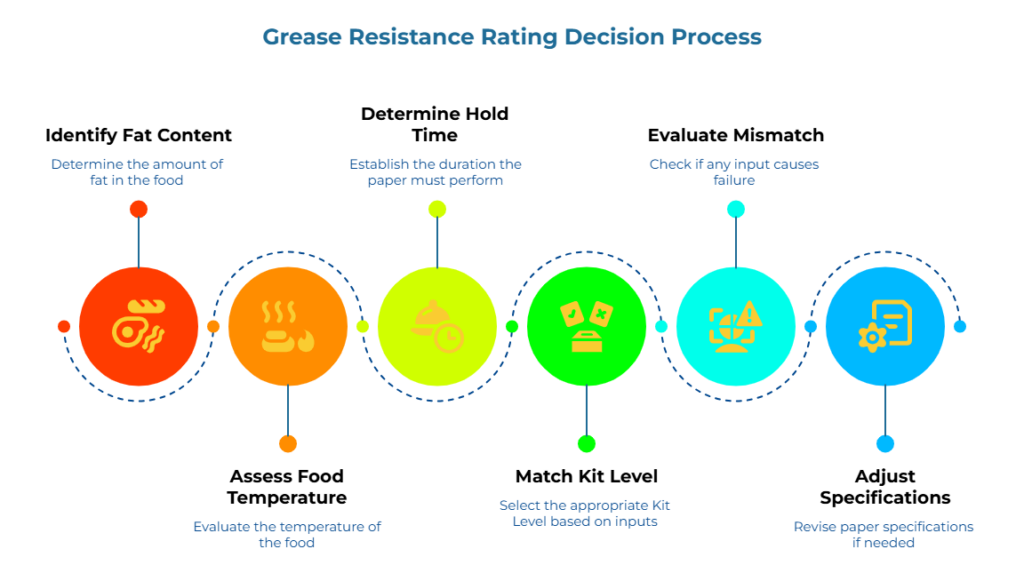 “Grease Resistance Rating Decision Process.” Five circular steps: gauge fat content, evaluate food temperature, set required performance time, select Kit Level from these inputs, then check for failures and revise paper specifications if necessary.