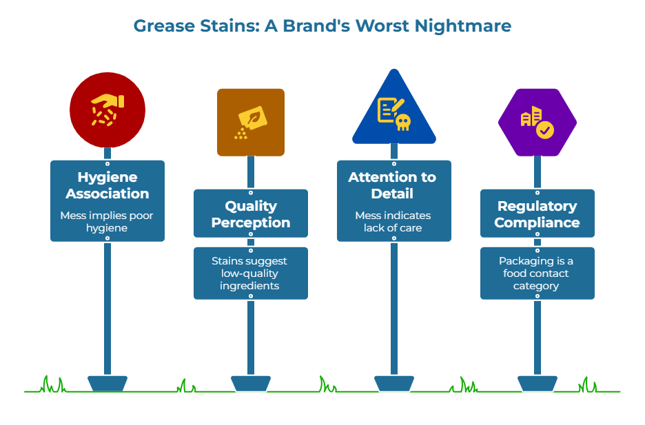 “Grease Stains: A Brand’s Worst Nightmare.” Four road-sign style posts show impacts of greasy packaging: Hygiene Association (mess implies poor hygiene), Quality Perception (stains suggest low-quality ingredients), Attention to Detail (mess shows lack of care), and Regulatory Compliance (food-contact rules).