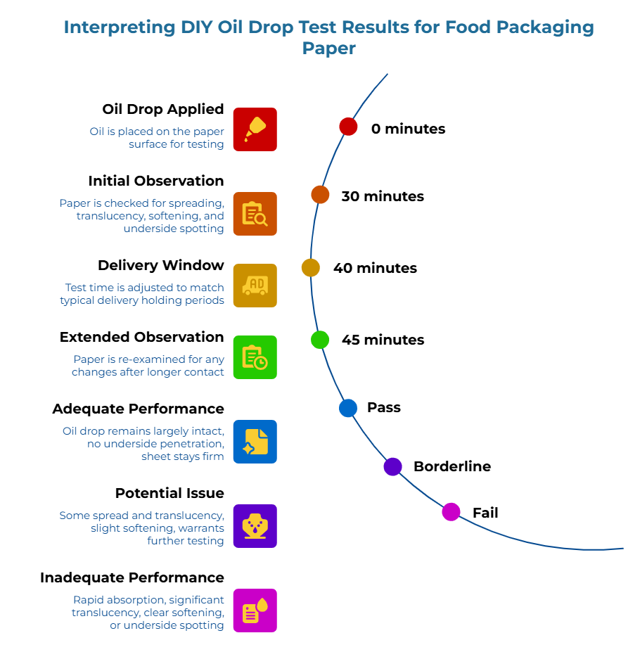 “Interpreting DIY Oil Drop Test Results for Food Packaging Paper.” A curved sequence of icons illustrates: placing oil on paper, checking spread and translucency, matching test time to delivery holds, rechecking later, then rating results from intact drop to severe absorption.
