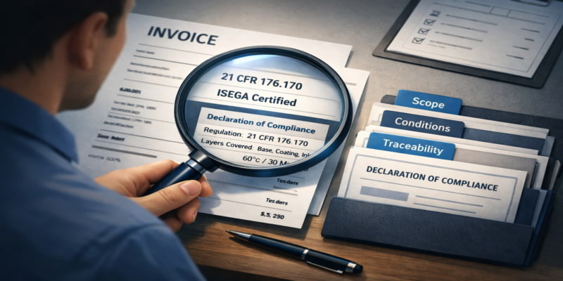 Illustration of a person inspecting an invoice with a magnifier highlighting '21 CFR 176.170' and 'ISEGA' plus DoC folders.