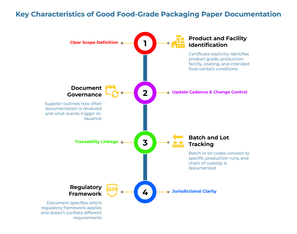 “Key Characteristics of Good Food-Grade Packaging Paper Documentation” showing a vertical checklist with four items: Clear Scope Definition, Update Cadence & Change Control, Traceability Linkage, and Jurisdictional Clarity, each with brief notes on certificates, reviews, lot codes, and regulations.