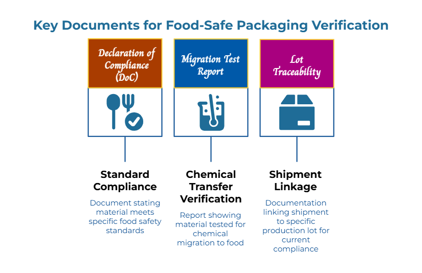 “Key Documents for Food-Safe Packaging Verification” showing three required items: Declaration of Compliance (DoC) confirming material meets food safety standards; Migration Test Report showing testing for chemical migration to food; and Lot Traceability records linking shipments to specific production lots.