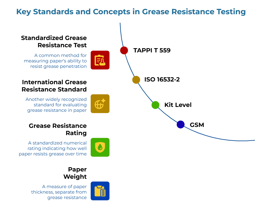 “Key Standards and Concepts in Grease Resistance Testing,” with four labeled icons explaining: a common lab test for paper’s grease resistance, another standard method, a numerical grease rating scale, and a separate measurement of paper thickness along a curved path.
