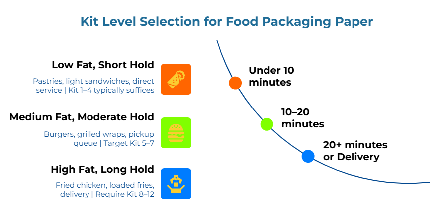 “Kit Level Selection for Food Packaging Paper.” It groups menu items by grease load: pastries and light sandwiches for direct service use Kit 1–4; burgers and grilled wraps in a pickup queue use Kit 5–7; fried chicken and loaded fries for delivery need Kit 8–12.
