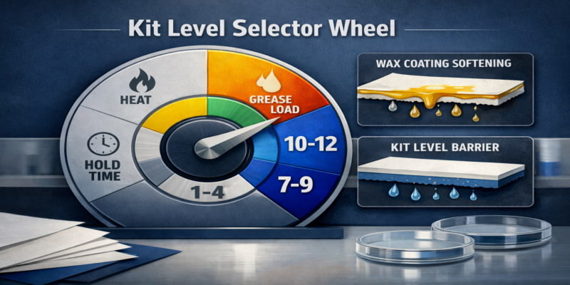Kit Level selector wheel highlighting Kit 7–9, with insets showing wax coating softening and a kit-level grease barrier.