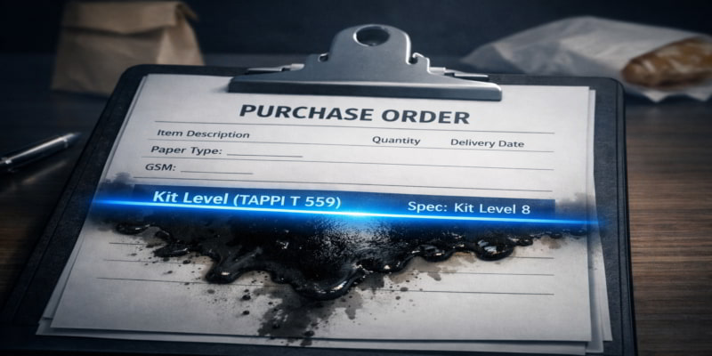 Purchase order on a clipboard with a grease stain stopped by a glowing “Kit Level (TAPPI T 559)” specification line.