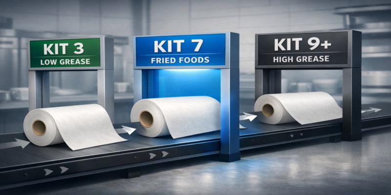 Stylized rolls of food wrap passing through three gates labeled KIT 3, KIT 7 (highlighted), KIT 9+ on a kitchen conveyor.