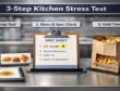 Stylized kitchen test bench showing oil-drop screen, menu match check, and timed hold test for grease-resistant bags.